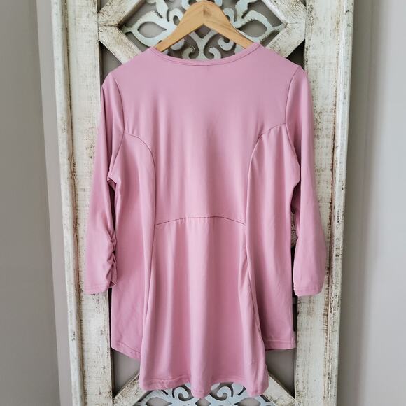 Times Two Maternity Ruched 3/4 Sleeve Pullover Babydoll Tunic Top in Pink - Picture 9 of 9